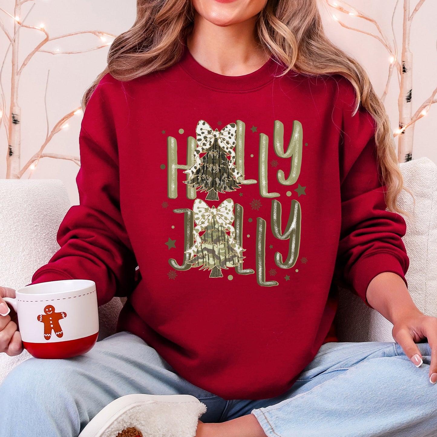 Holly Jolly, Camo Christmas Tree, Santa, Dalmatian Print, Ribbons, Bows Sweatshirt