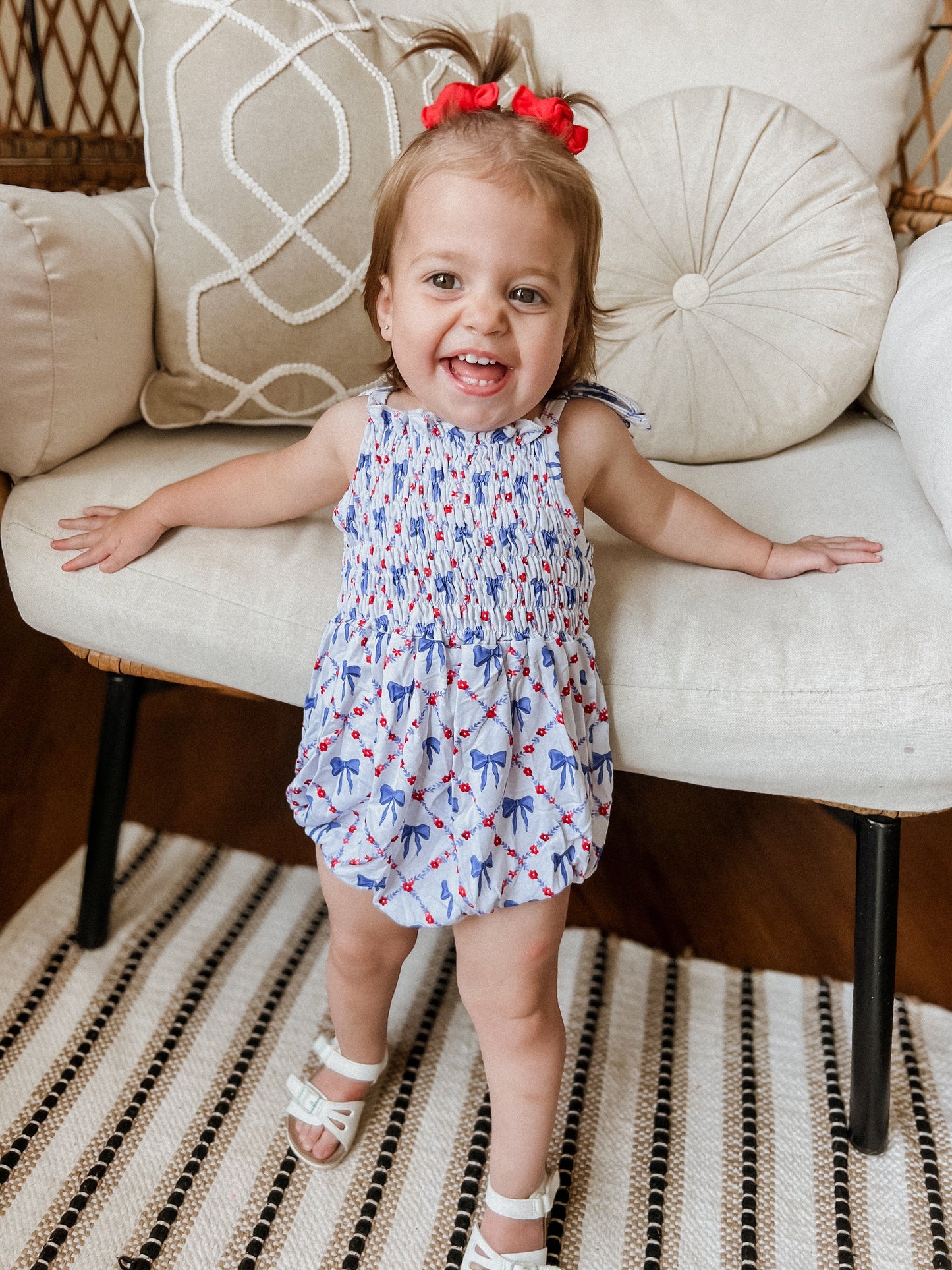 Smocked Red, White and Bows Bamboo Bubble Romper