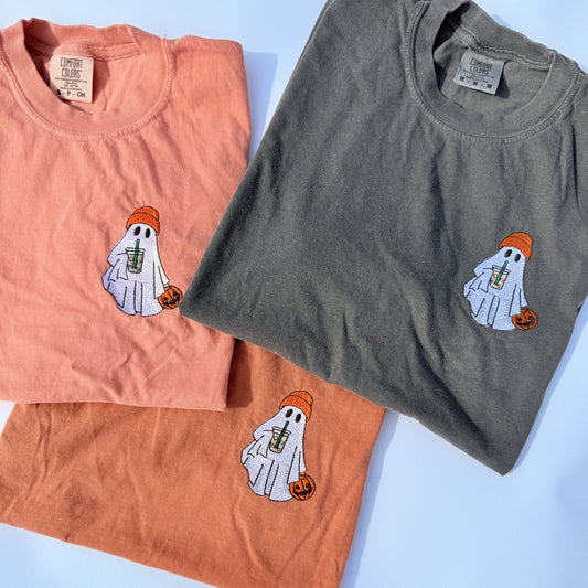 Adult Embroidered Iced Coffee Ghost Comfort Colors Tee - more colors