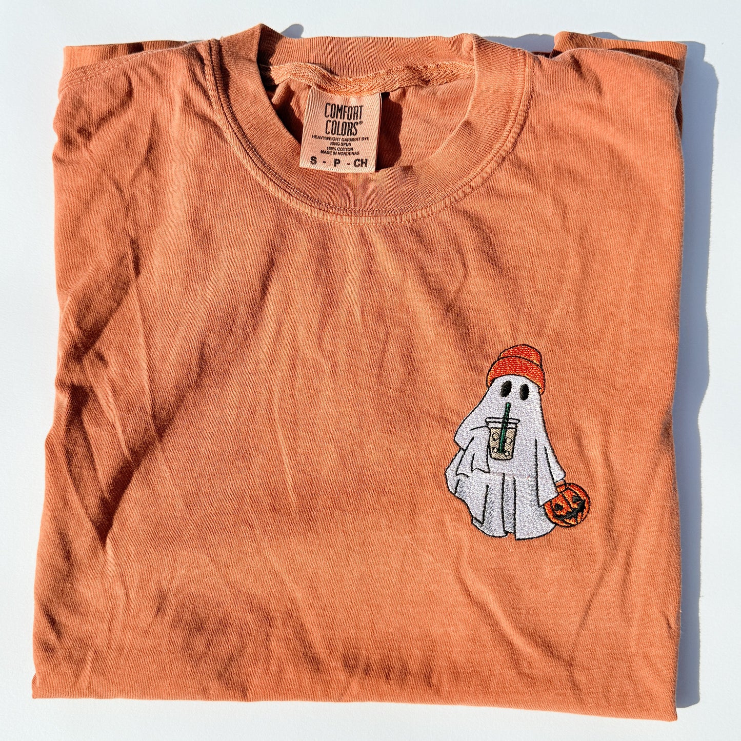 Adult Embroidered Iced Coffee Ghost Comfort Colors Tee - more colors