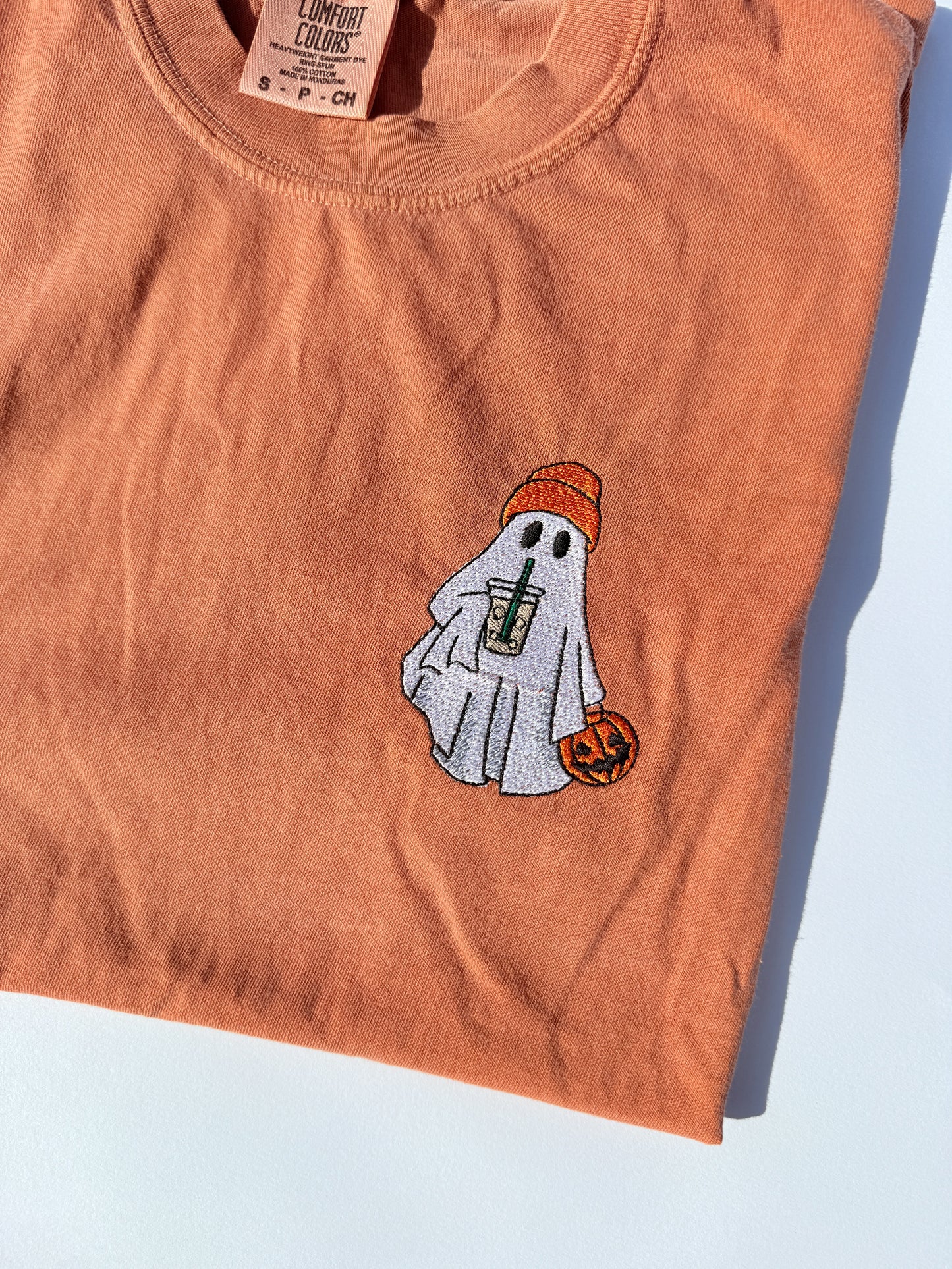 Adult Embroidered Iced Coffee Ghost Comfort Colors Tee - more colors