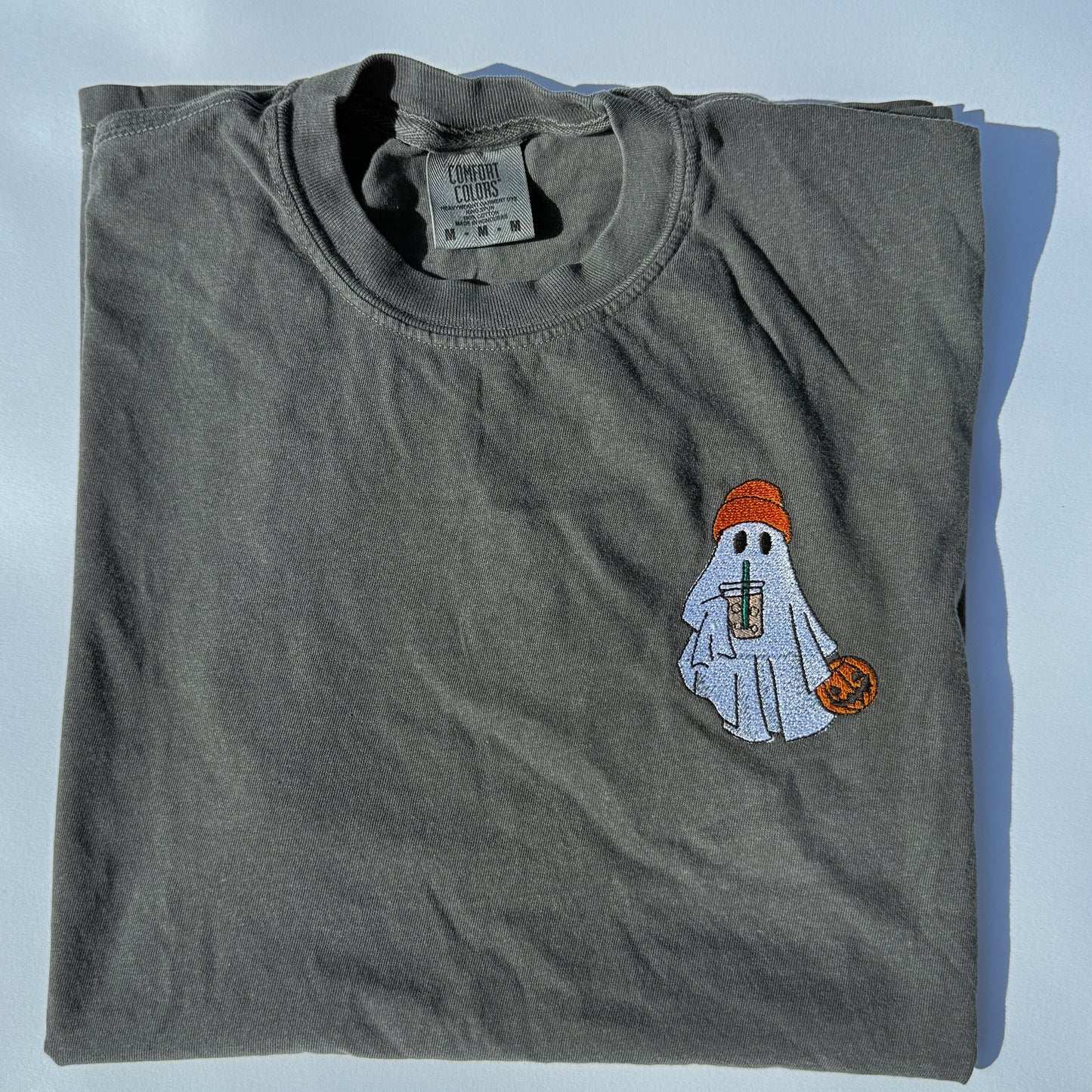Adult Embroidered Iced Coffee Ghost Comfort Colors Tee - more colors