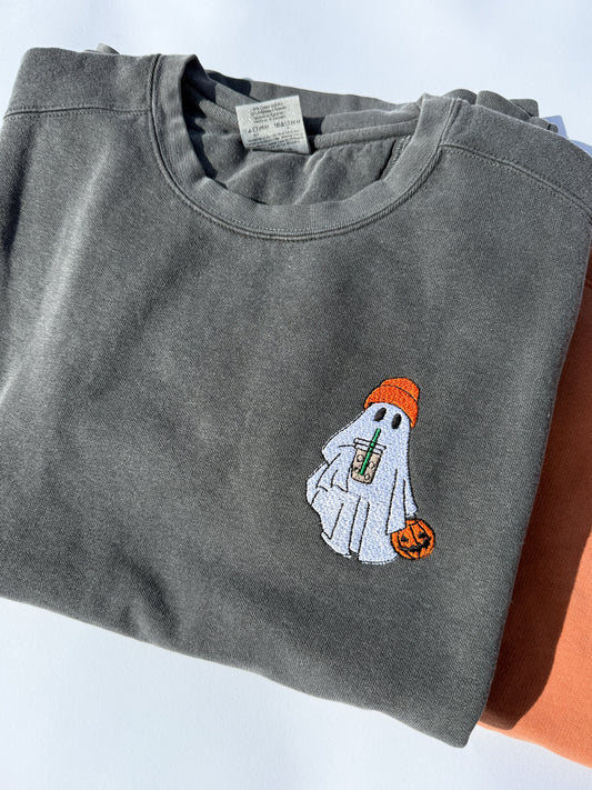 Adult Embroidered Iced Coffee Ghost Comfort Colors Crewneck Sweatshirt - more colors