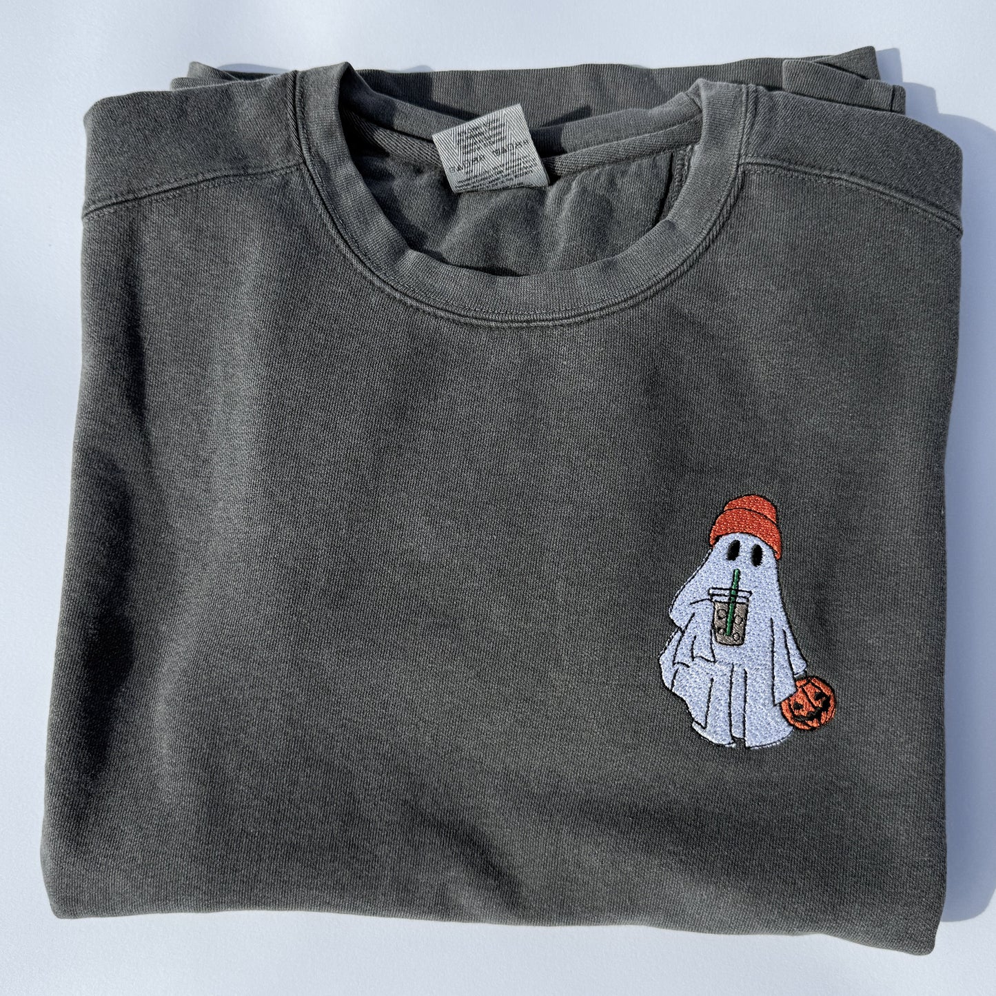 Adult Embroidered Iced Coffee Ghost Comfort Colors Crewneck Sweatshirt - more colors