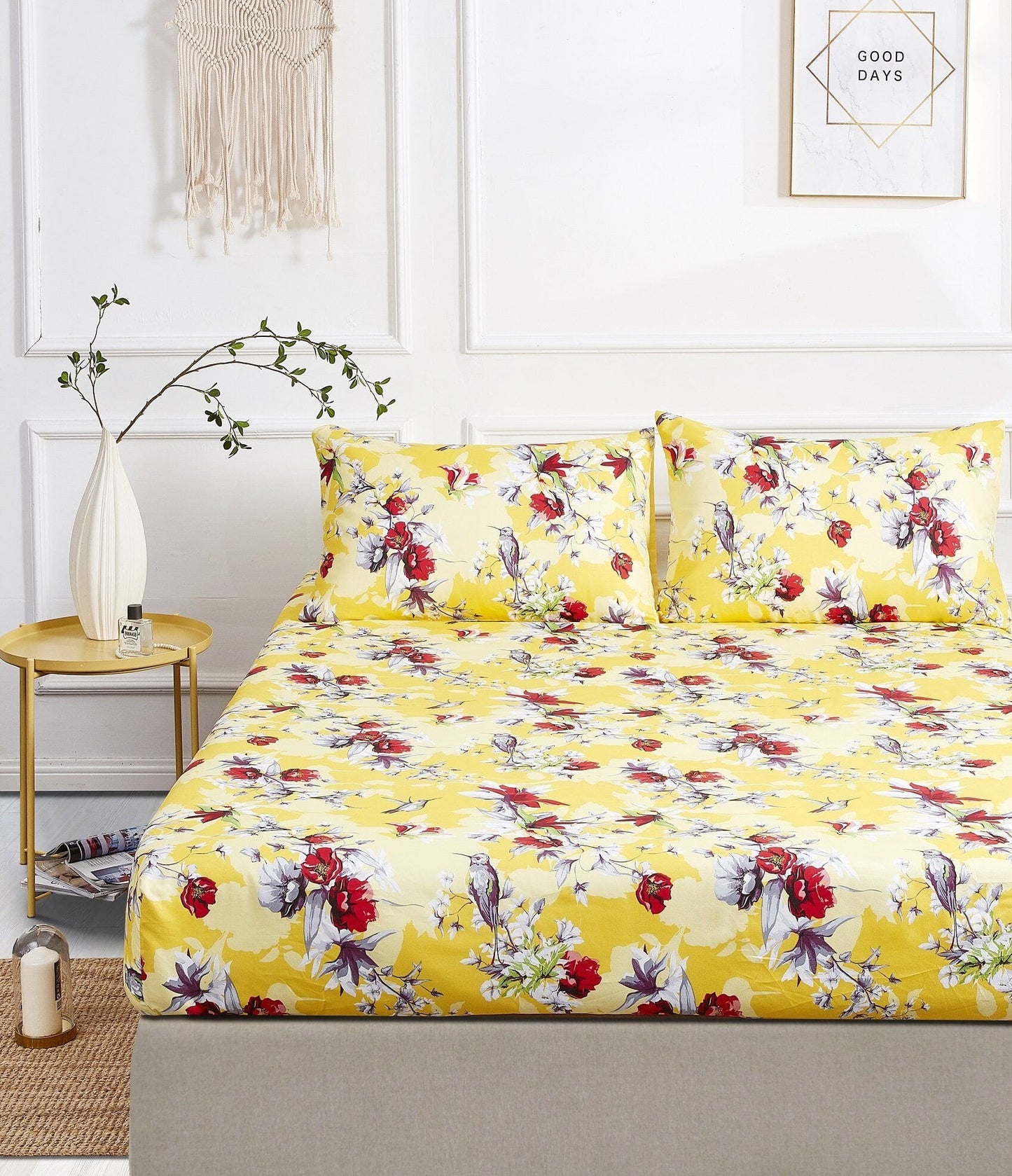 DaDa Bedding Sunshine Yellow Hummingbirds Floral Fitted Bed Sheet w/ Pillow Cases (JHW-925)