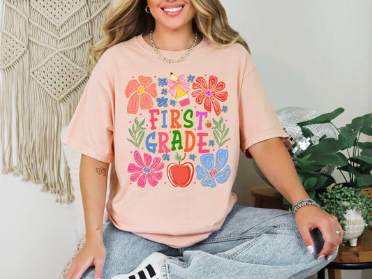 First Grade, Boho, Teacher, Back to School, Floral, First Day of School, Cute, Teacher Appreciation, Coquette, Comfort Colors T-Shirt