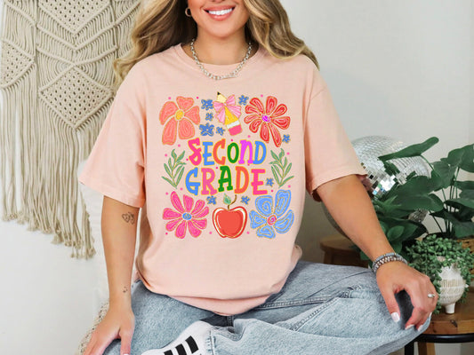 Second Grade, Boho, Teacher, Back to School, Floral, First Day of School, Cute, Teacher Appreciation, Coquette, Comfort Colors T-Shirt