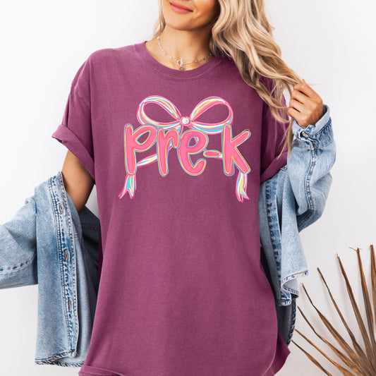 Pre-K, Neon Pink, Teacher, Back to School, Bow, First Day of School, Cute, Teacher Appreciation, Coquette, Comfort Colors T-Shirt