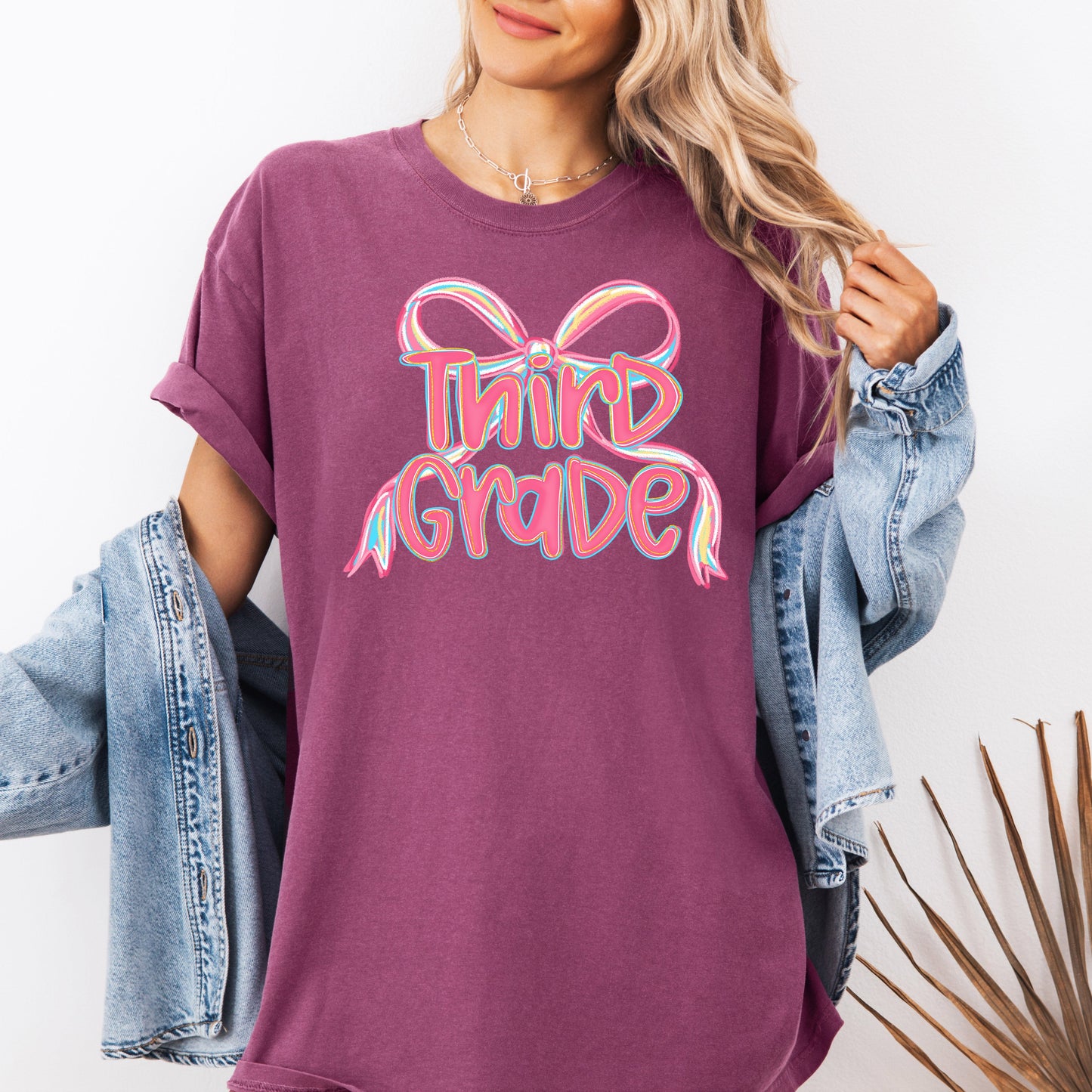 Third Grade, Neon Pink, Teacher, Back to School, Bow, First Day of School, Cute, Teacher Appreciation, Coquette, Comfort Colors T-Shirt
