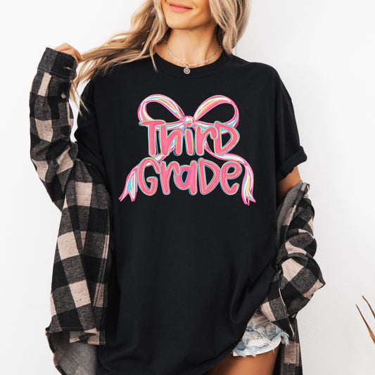 Third Grade, Neon Pink, Teacher, Back to School, Bow, First Day of School, Cute, Teacher Appreciation, Coquette, Comfort Colors T-Shirt