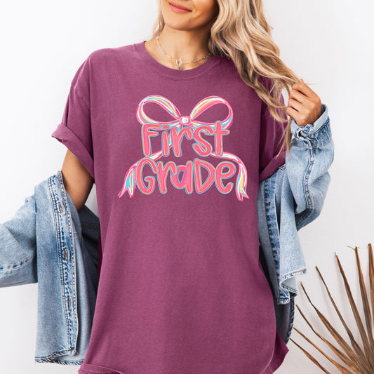 First Grade, Neon Pink, Teacher, Back to School, Bow, First Day of School, Cute, Teacher Appreciation, Coquette, Comfort Colors T-Shirt