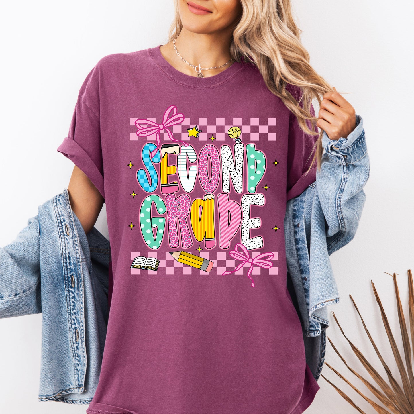 Second Grade, Teacher, Back to School, Checkered, Bow, First Day of School, Cute, Teacher Appreciation, Coquette, Comfort Colors T-Shirt