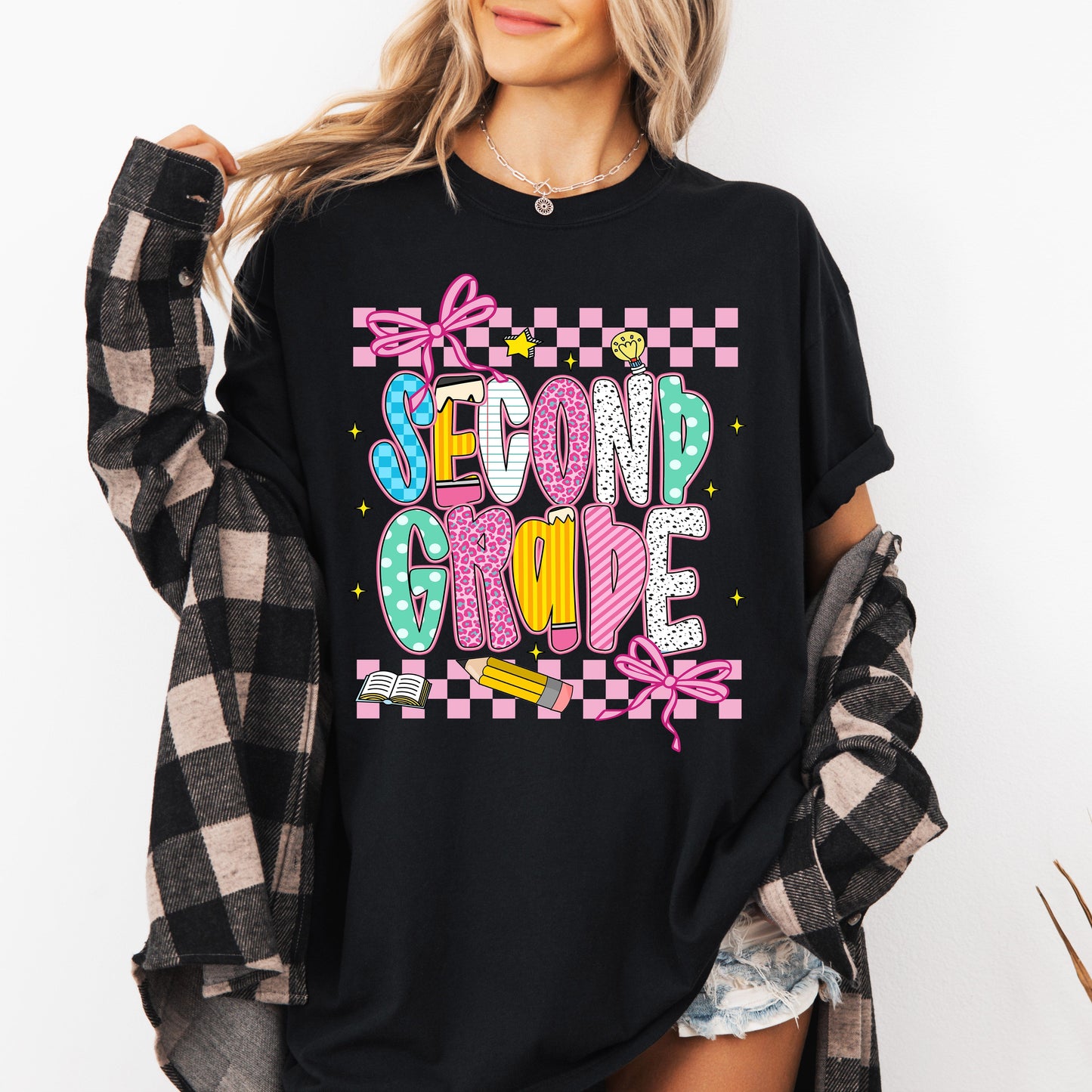 Second Grade, Teacher, Back to School, Checkered, Bow, First Day of School, Cute, Teacher Appreciation, Coquette, Comfort Colors T-Shirt