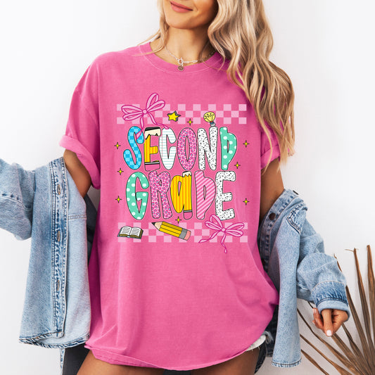 Second Grade, Teacher, Back to School, Checkered, Bow, First Day of School, Cute, Teacher Appreciation, Coquette, Comfort Colors T-Shirt