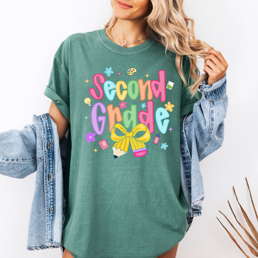 Second Grade, Teacher, Back to School, Neon, Bow, First Day of School, Cute, Teacher Appreciation, Coquette, Comfort Colors T-Shirt