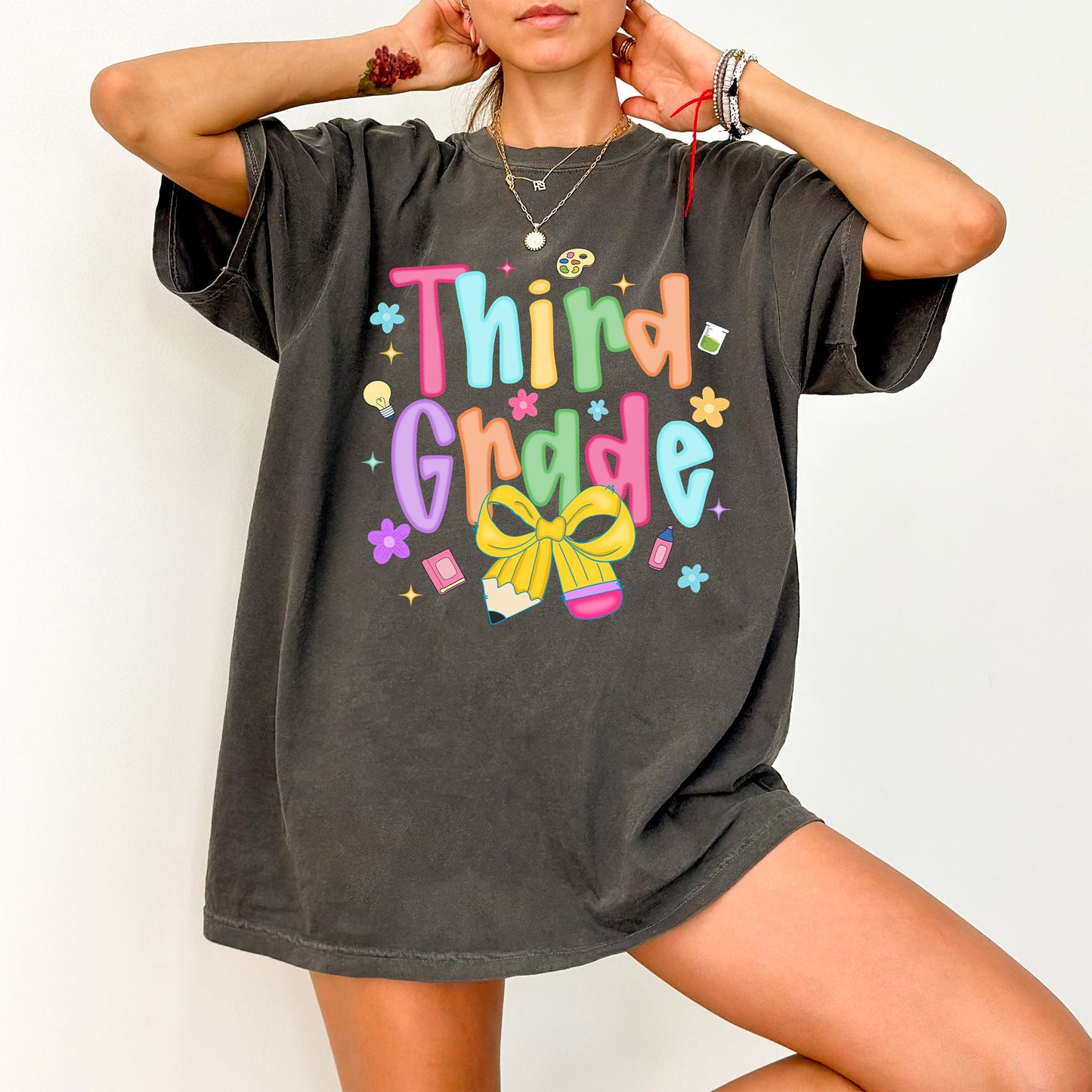 Third Grade, Teacher, Back to School, Neon, Bow, First Day of School, Cute, Teacher Appreciation, Coquette, Comfort Colors T-Shirt
