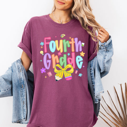 Fourth Grade, Teacher, Back to School, Neon, Bow, First Day of School, Cute, Teacher Appreciation, Coquette, Comfort Colors T-Shirt