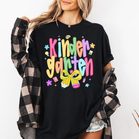 Kindergarten, Teacher, Back to School, Neon, Bow, First Day of School, Cute, Teacher Appreciation, Coquette, Comfort Colors T-Shirt