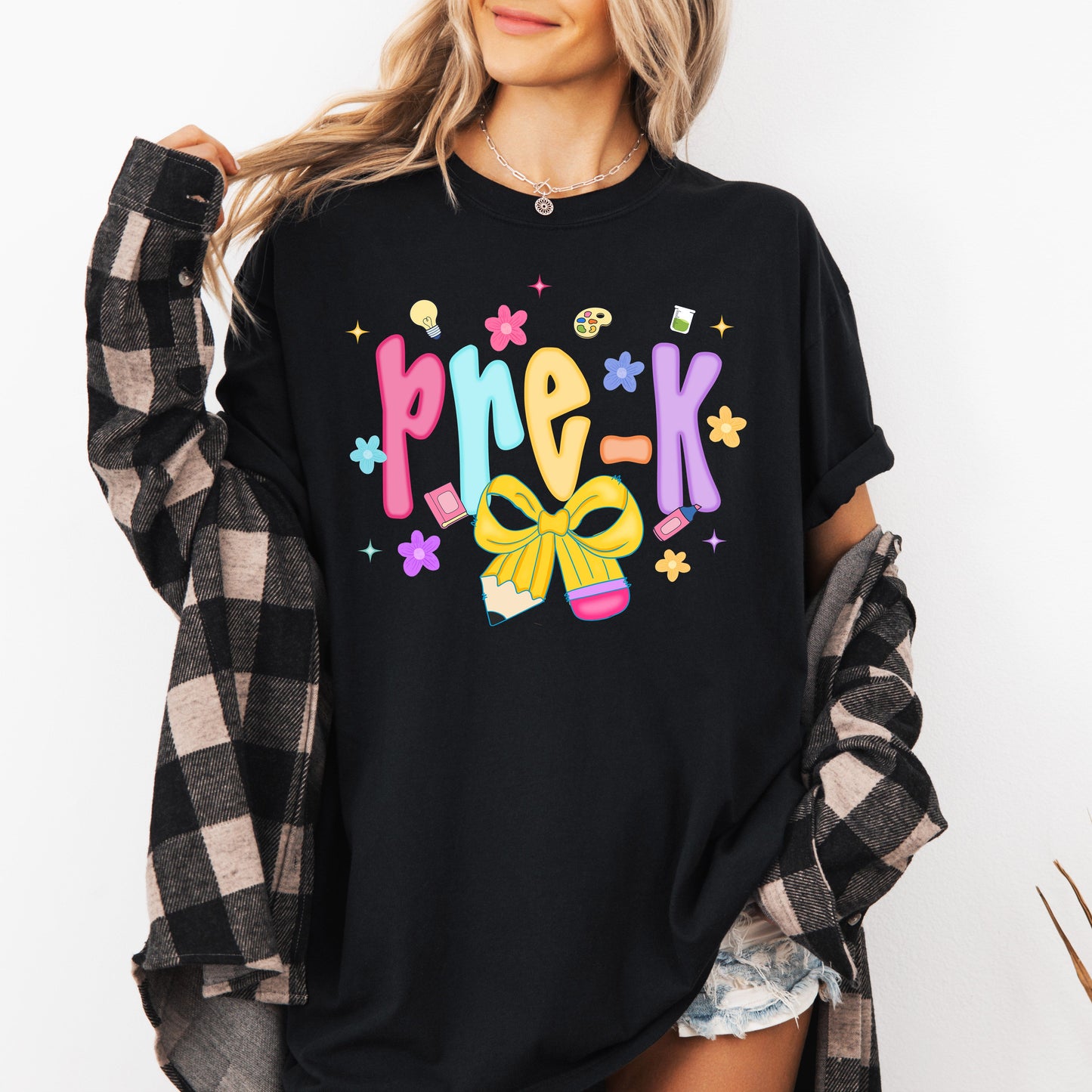 Pre-K, Teacher, Back to School, Neon, Bow, First Day of School, Cute, Teacher Appreciation, Coquette, Comfort Colors T-Shirt