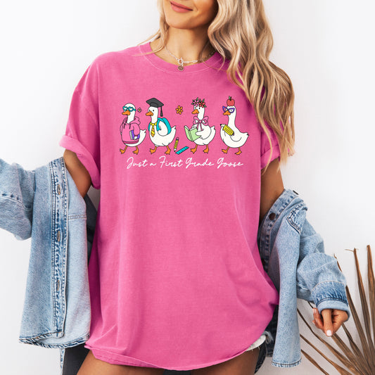 Just A First Grade Goose, Teacher, Back to School, Funny, Bow, First Day of School, Cute, Teacher Appreciation, Coquette, Comfort Colors T-Shirt