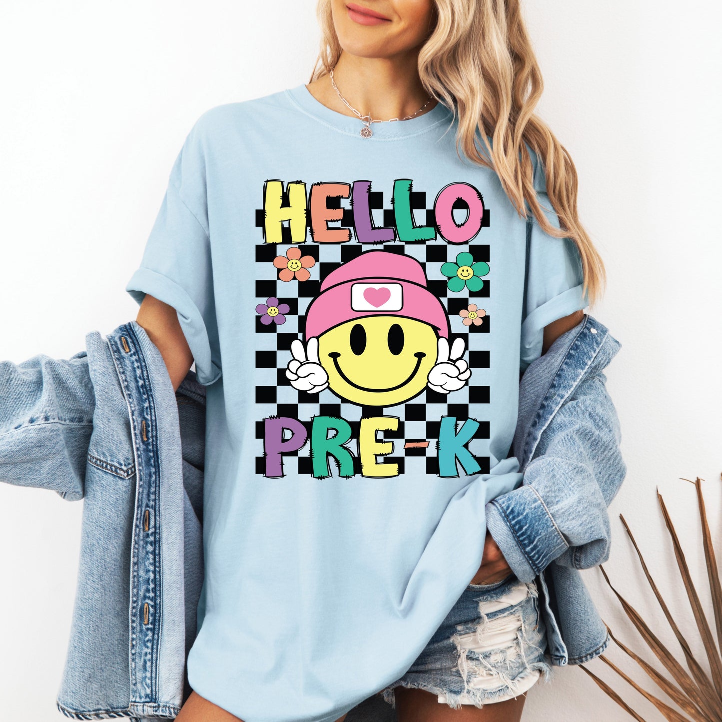Hello Pre-K, Smiley Face, Teacher, Back to School, First Day of School, Cute, Teacher Appreciation, Coquette, Comfort Colors T-Shirt