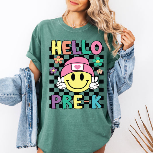 Hello Pre-K, Smiley Face, Teacher, Back to School, First Day of School, Cute, Teacher Appreciation, Coquette, Comfort Colors T-Shirt