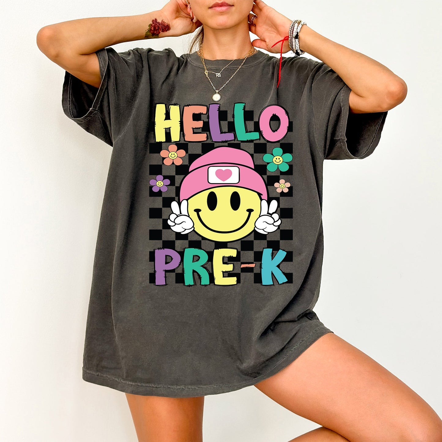 Hello Pre-K, Smiley Face, Teacher, Back to School, First Day of School, Cute, Teacher Appreciation, Coquette, Comfort Colors T-Shirt