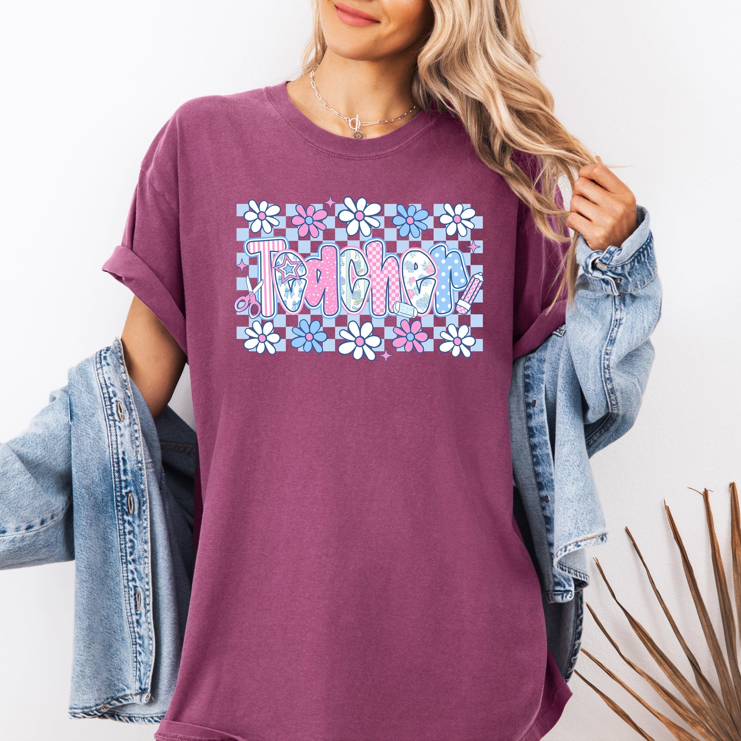 Floral, Teacher, Checkered, Retro, Back to School, Bow, First Day of School, Cute, Teacher Appreciation, Coquette, Comfort Colors T-Shirt