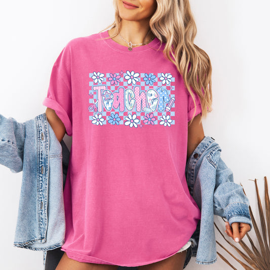Floral, Teacher, Checkered, Retro, Back to School, Bow, First Day of School, Cute, Teacher Appreciation, Coquette, Comfort Colors T-Shirt