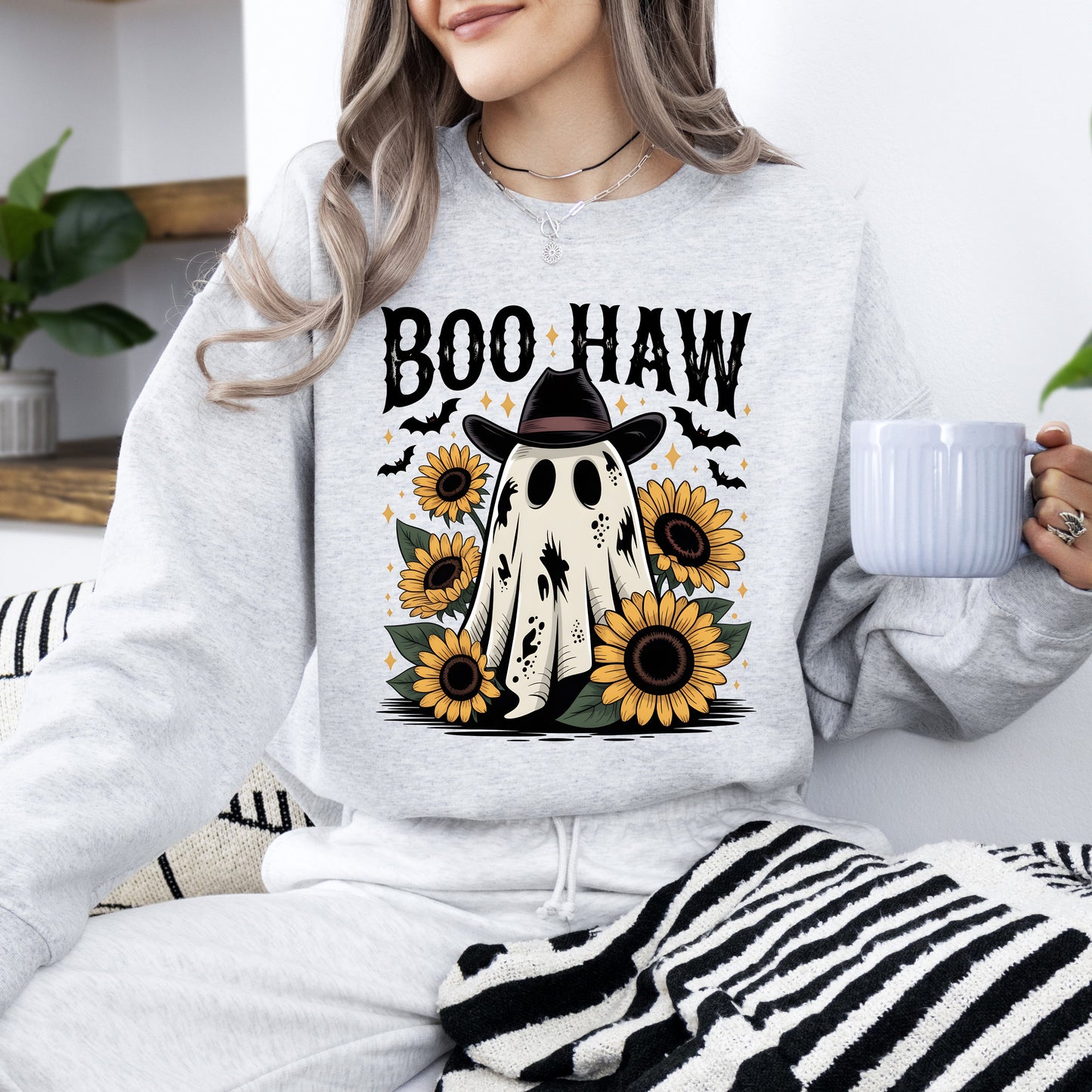 Boo Haw, Cowboy Ghost, Halloween, Western, Sunflowers, Vintage, Pumpkin, Retro, Spooky, Costume, Fall, Graphic Sweatshirt