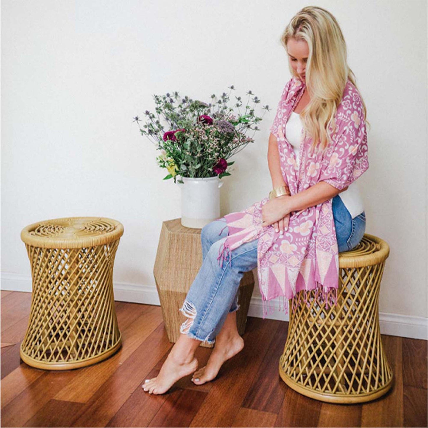 Handmade Batik Scarf, Cotton, Plumeria, Pink, Purple, Peach