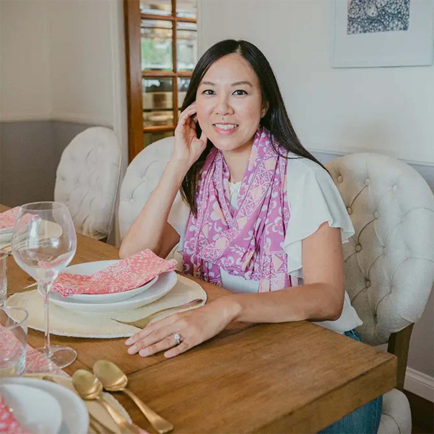 Handmade Batik Scarf, Cotton, Plumeria, Pink, Purple, Peach