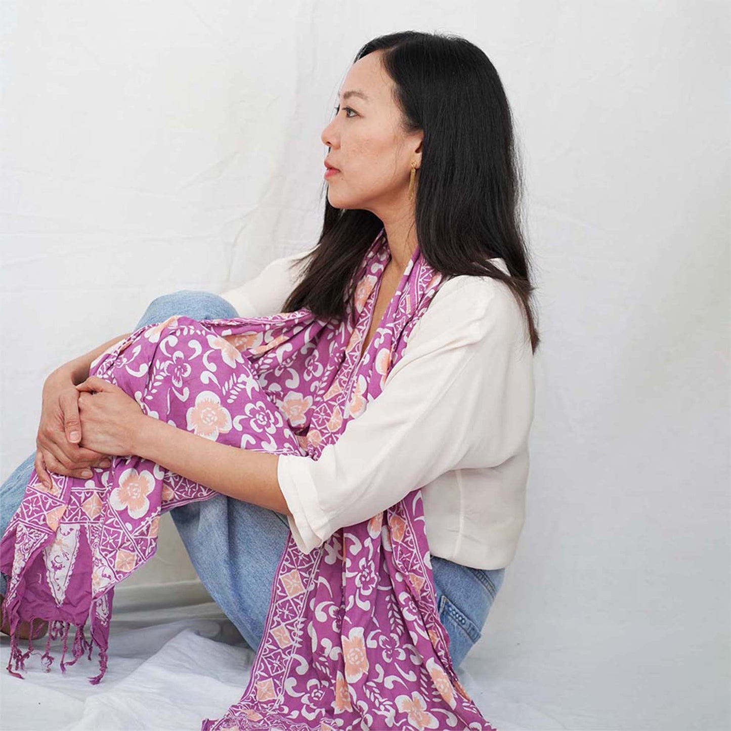 Handmade Batik Scarf, Cotton, Plumeria, Pink, Purple, Peach