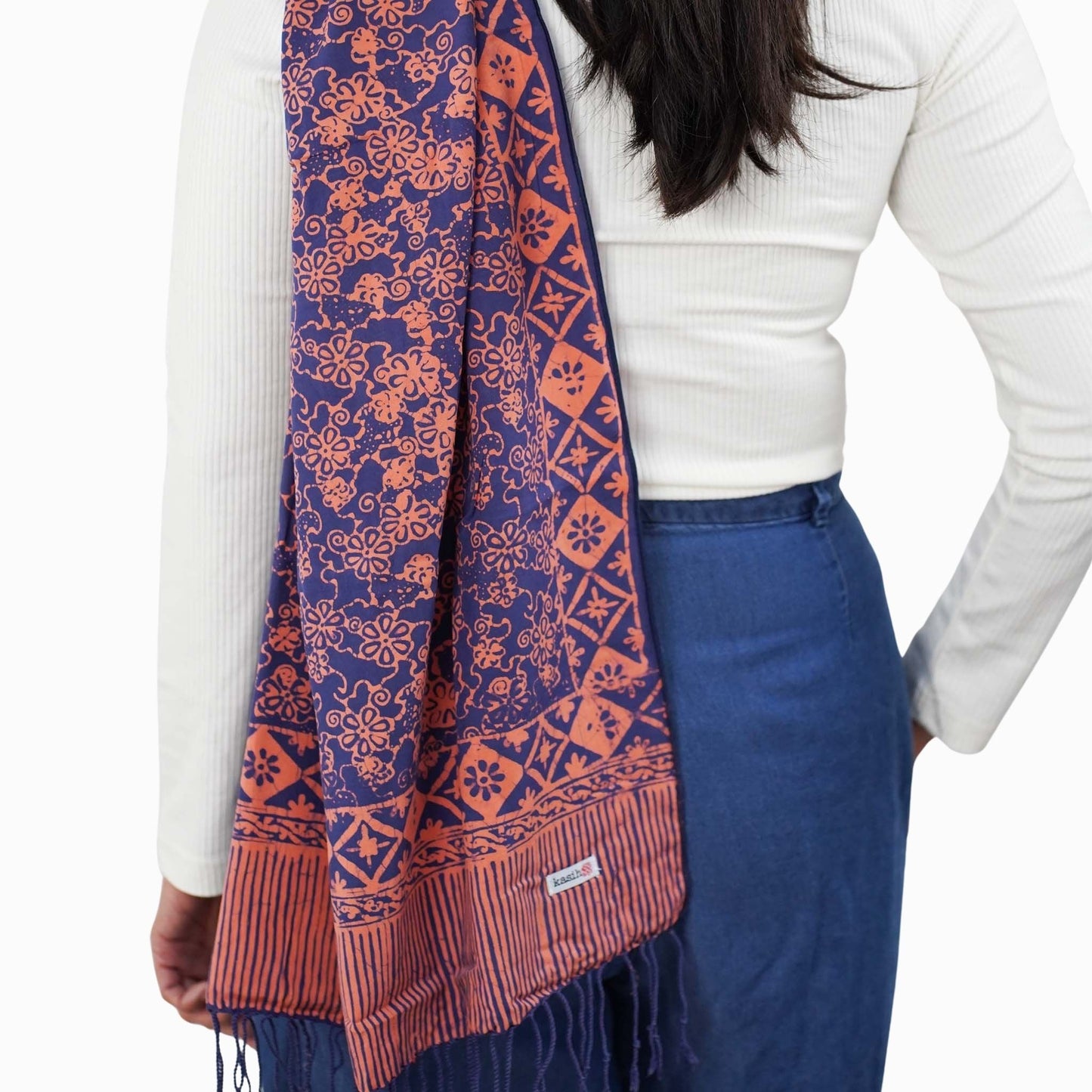 Hand Dyed Batik Scarf, Soft Cotton, Mangosteen, Blue, Pink, Fruit, Floral