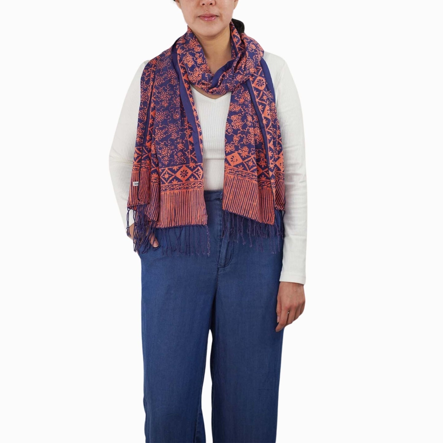 Hand Dyed Batik Scarf, Soft Cotton, Mangosteen, Blue, Pink, Fruit, Floral