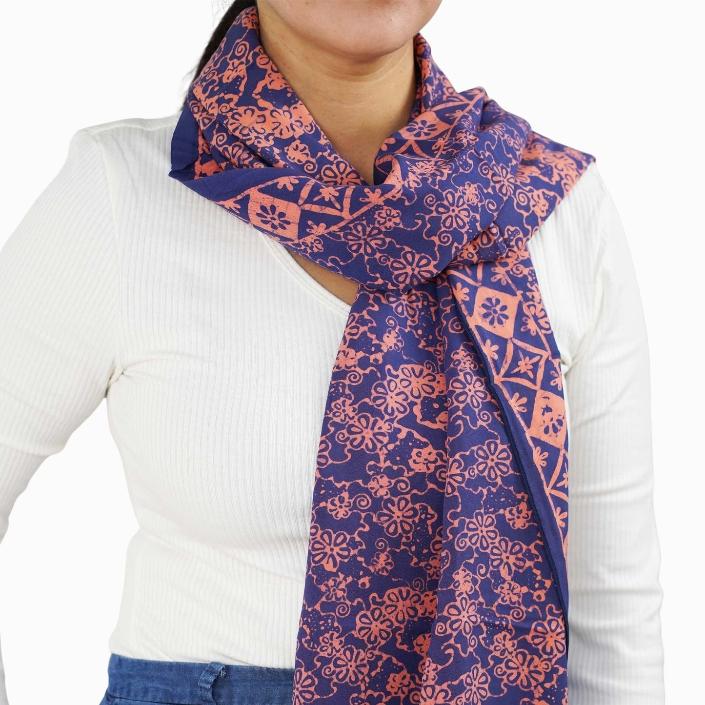 Hand Dyed Batik Scarf, Soft Cotton, Mangosteen, Blue, Pink, Fruit, Floral