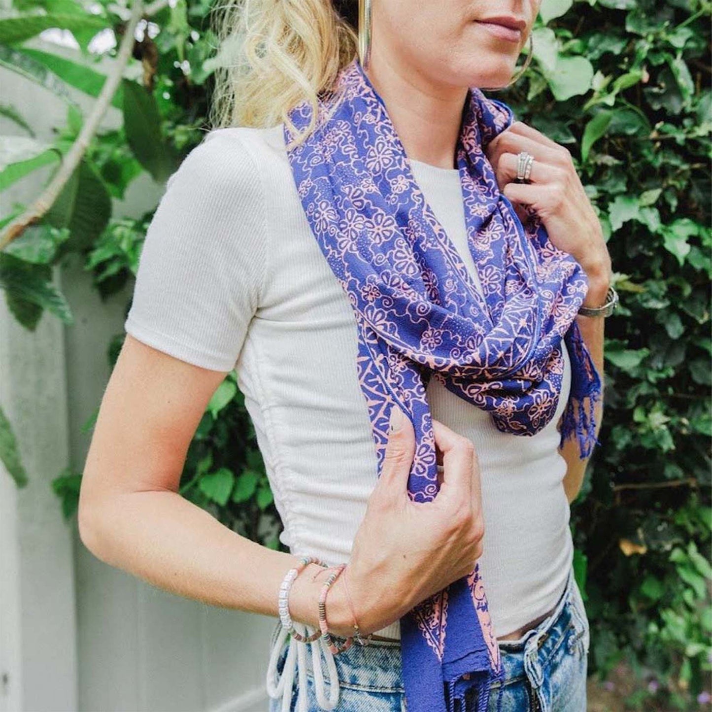 Hand Dyed Batik Scarf, Soft Cotton, Mangosteen, Blue, Pink, Fruit, Floral