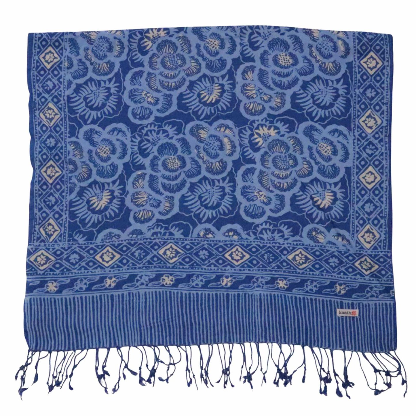 Hand Dyed Batik Scarf - Soft Cotton, Blue Roses, White, Floral, Flower