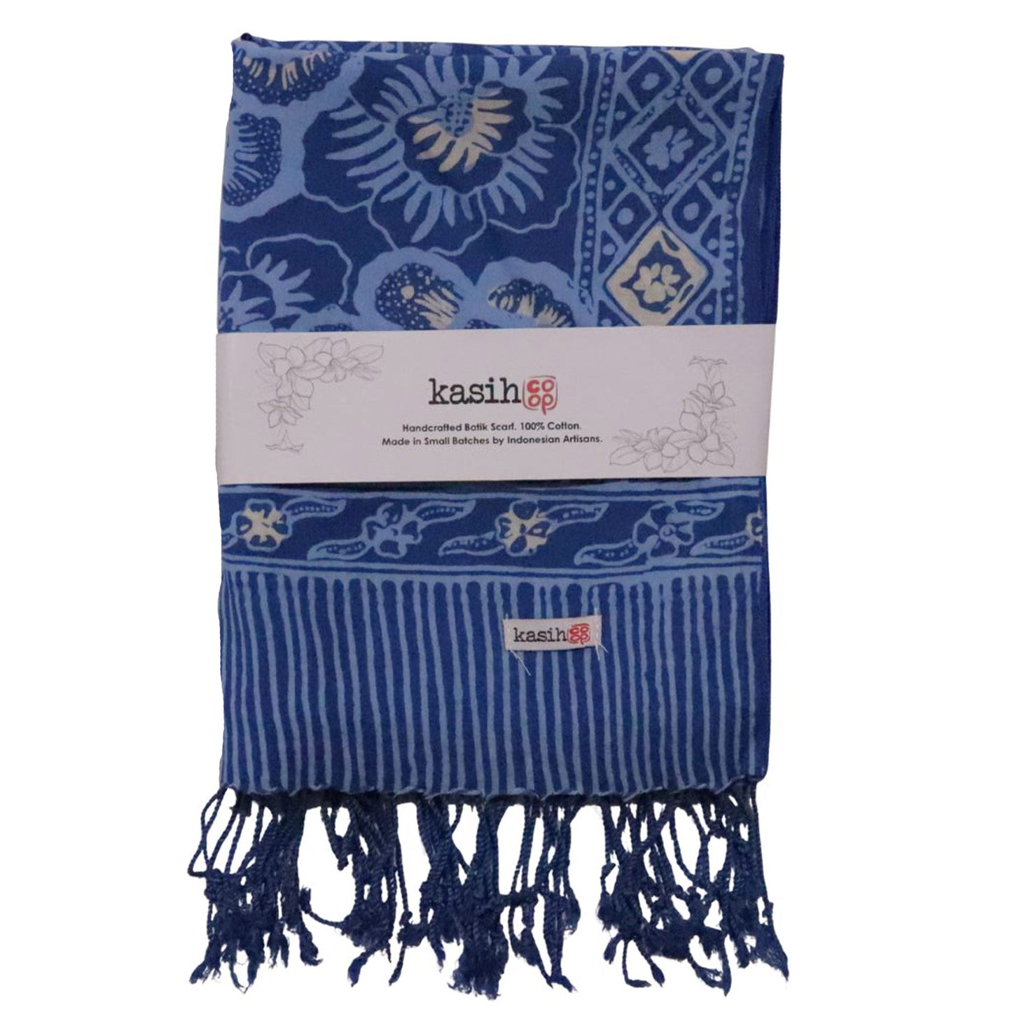 Hand Dyed Batik Scarf - Soft Cotton, Blue Roses, White, Floral, Flower