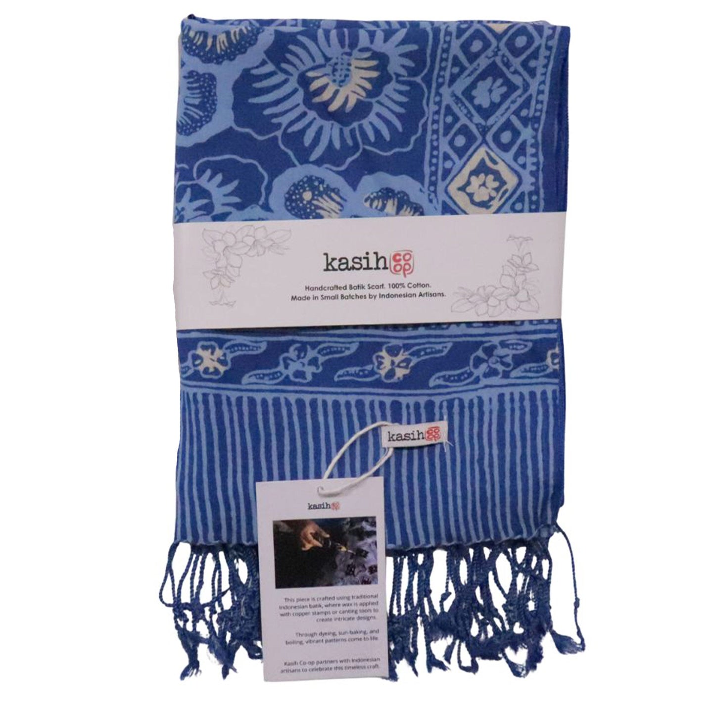 Hand Dyed Batik Scarf - Soft Cotton, Blue Roses, White, Floral, Flower