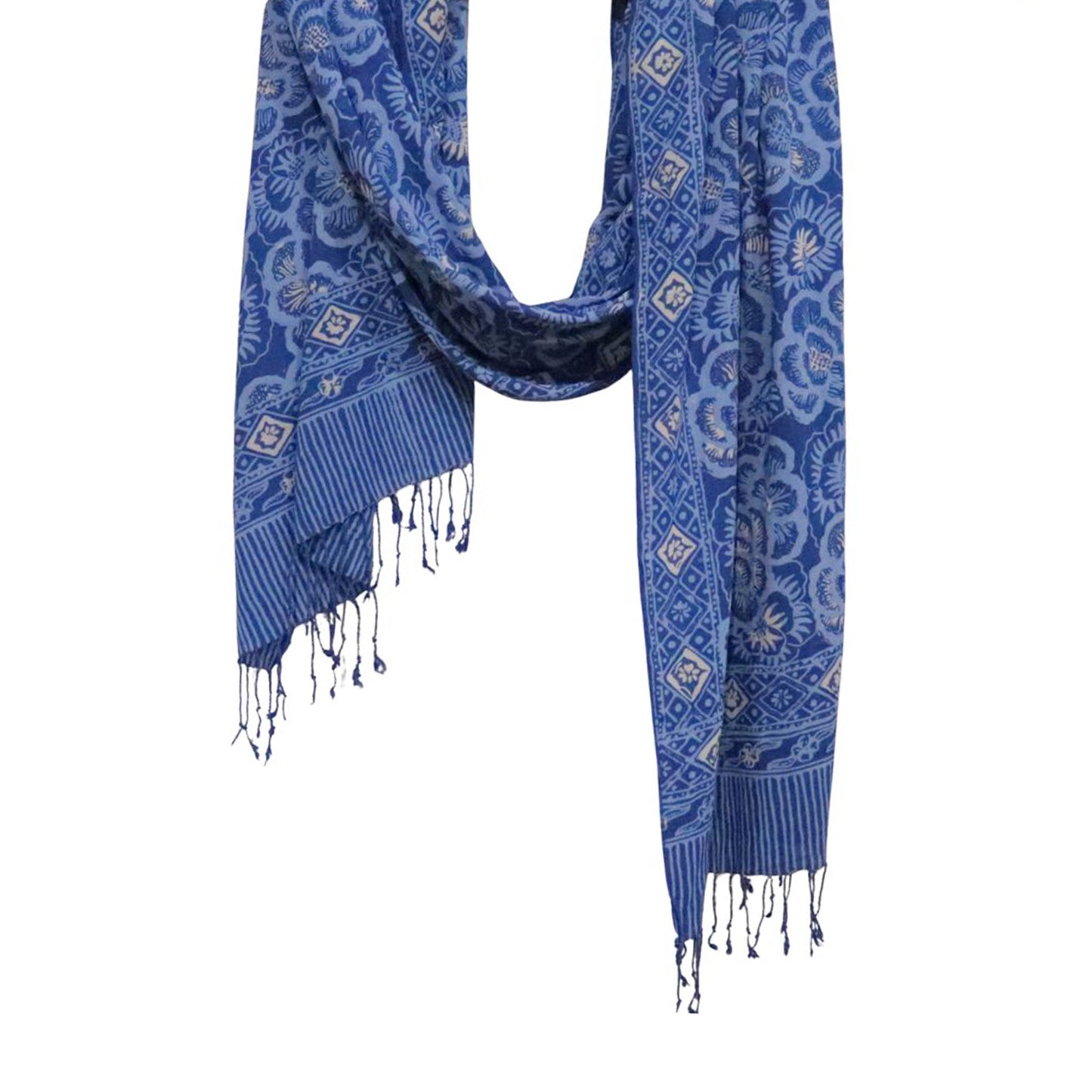 Hand Dyed Batik Scarf - Soft Cotton, Blue Roses, White, Floral, Flower