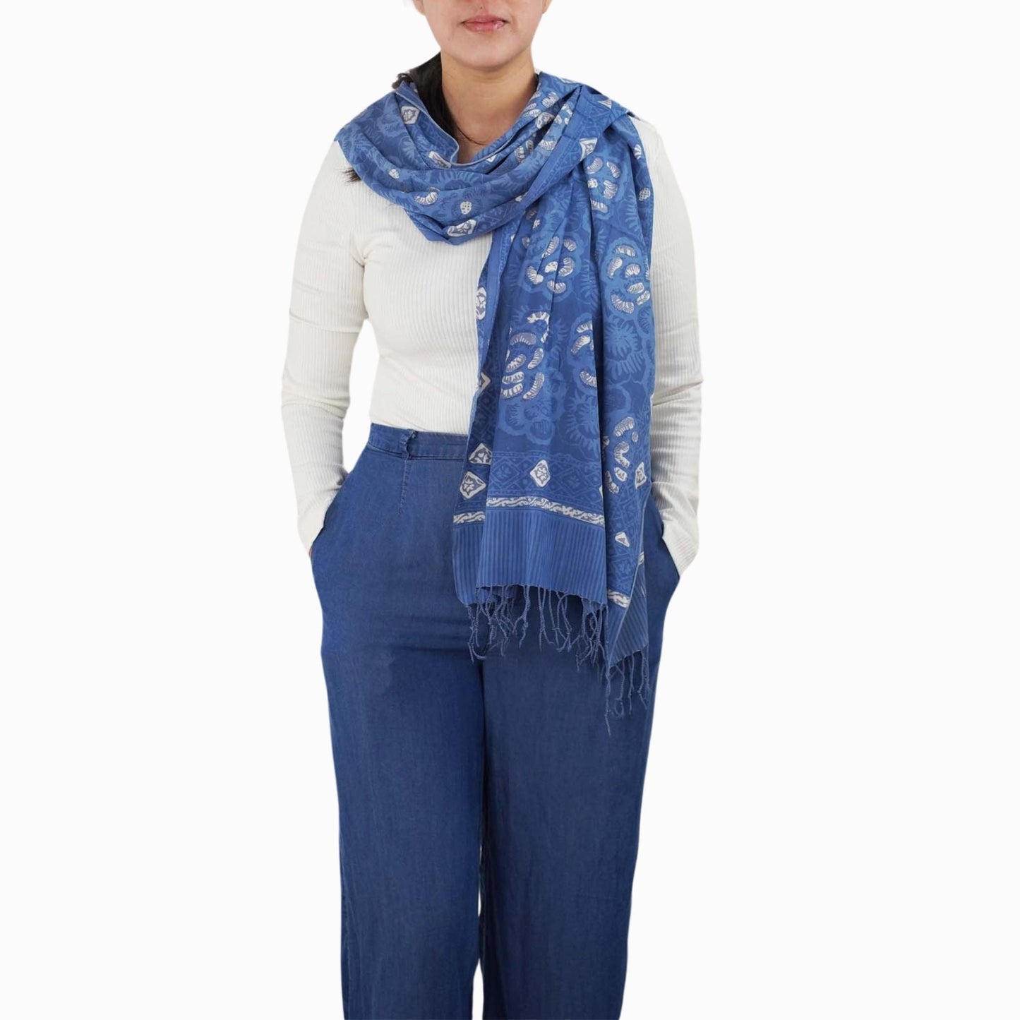 Hand Dyed Batik Scarf - Soft Cotton, Blue Roses, White, Floral, Flower