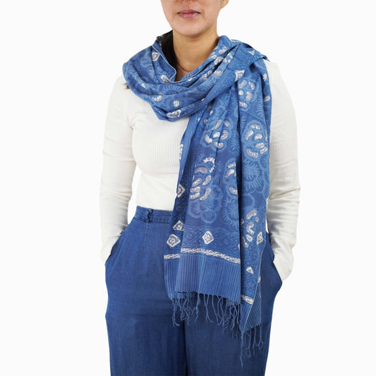 Hand Dyed Batik Scarf - Soft Cotton, Blue Roses, White, Floral, Flower