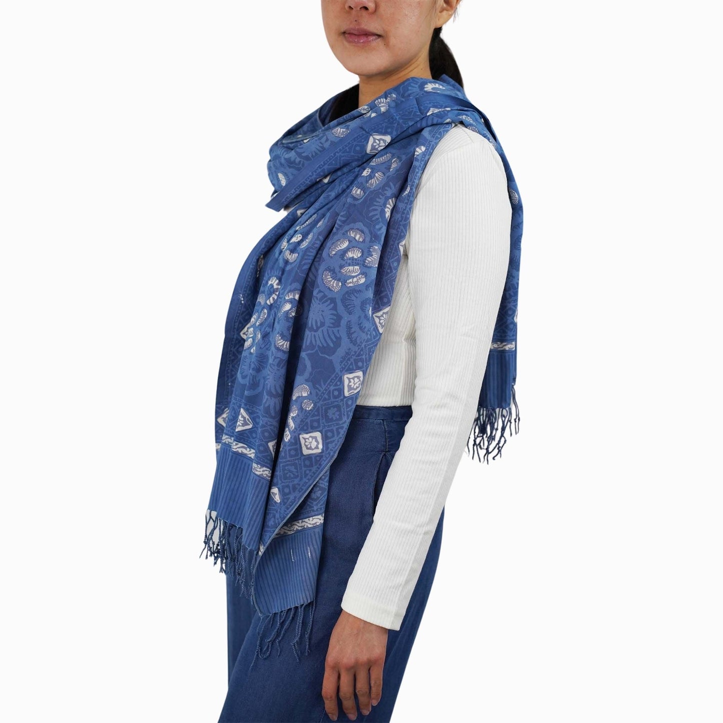 Hand Dyed Batik Scarf - Soft Cotton, Blue Roses, White, Floral, Flower