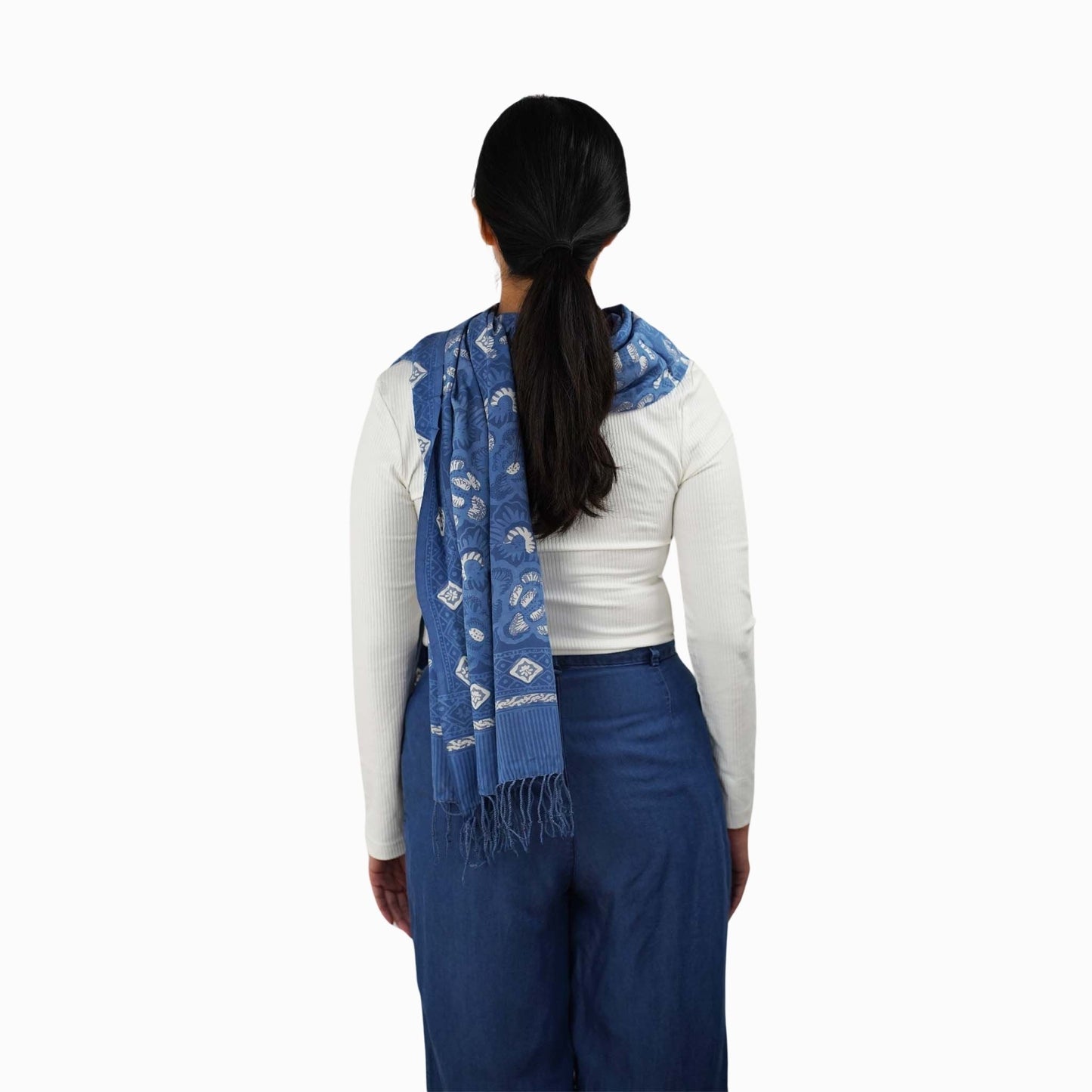 Hand Dyed Batik Scarf - Soft Cotton, Blue Roses, White, Floral, Flower