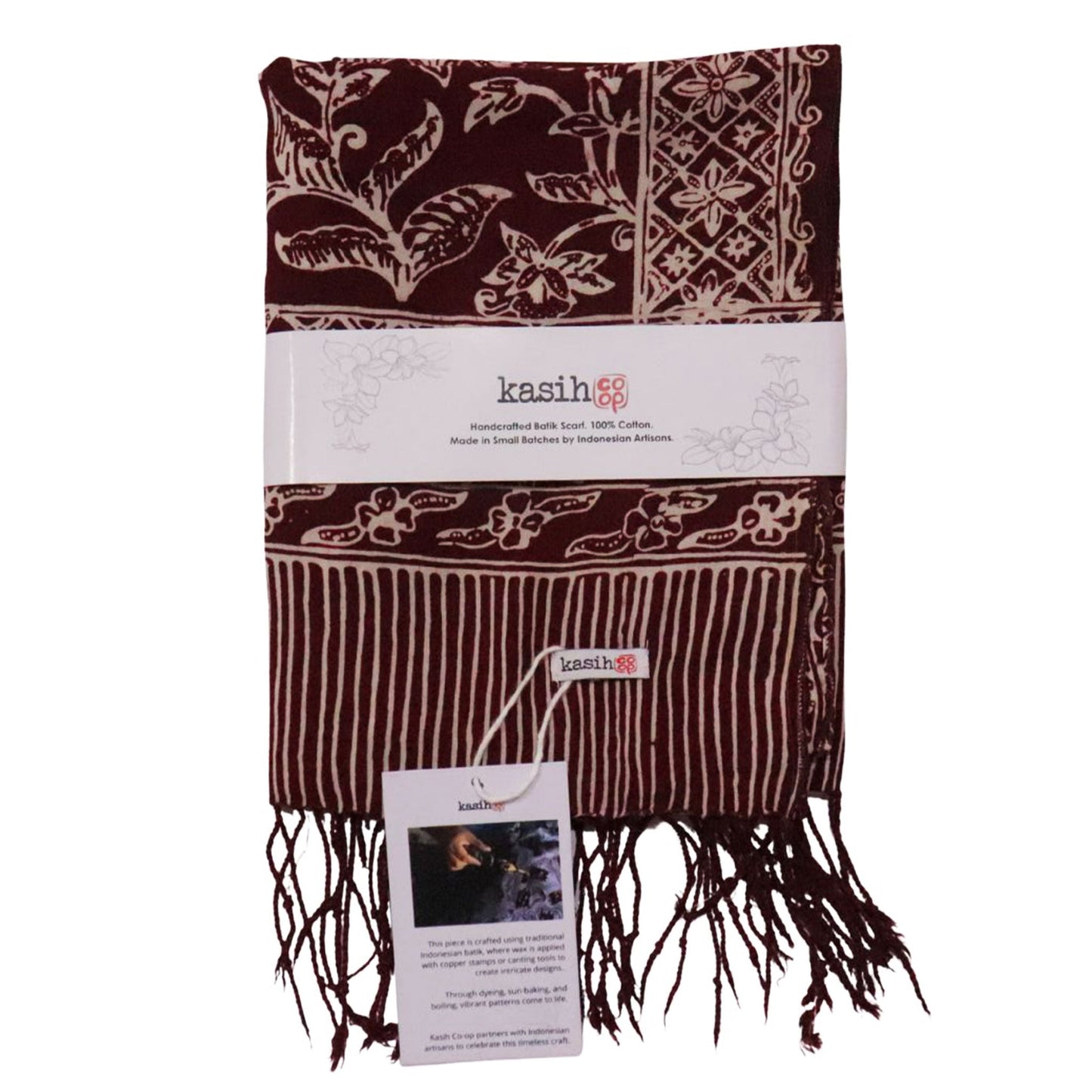 Handmade Batik Scarf, soft Cotton, Red White Cherish, Burgundy