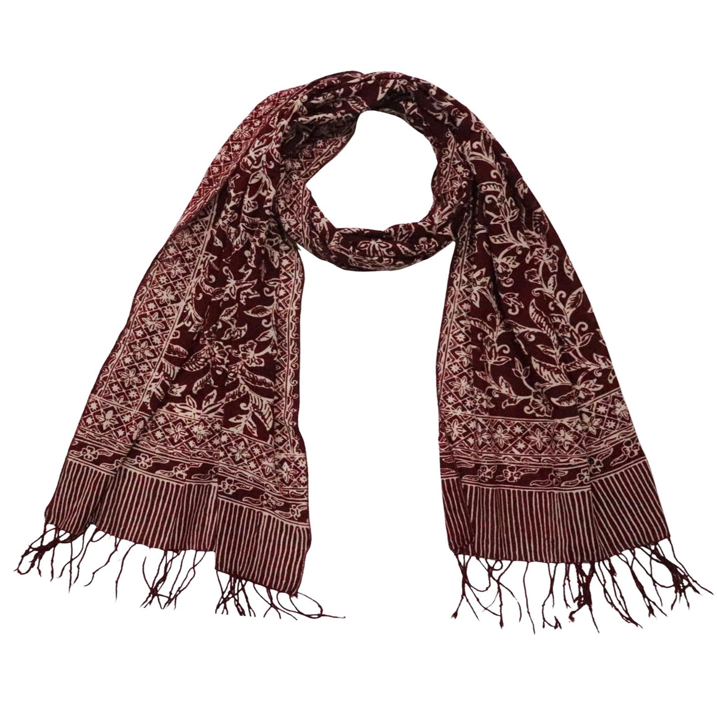 Handmade Batik Scarf, soft Cotton, Red White Cherish, Burgundy