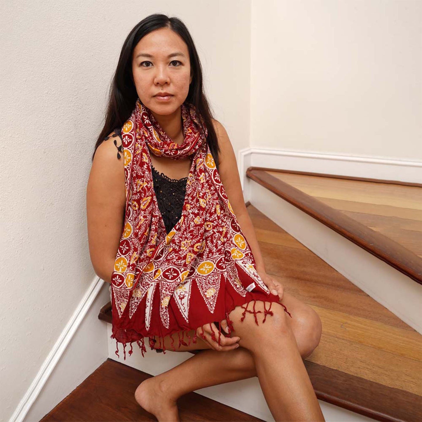 Handmade Batik Scarf - Cotton - Foliage in Red