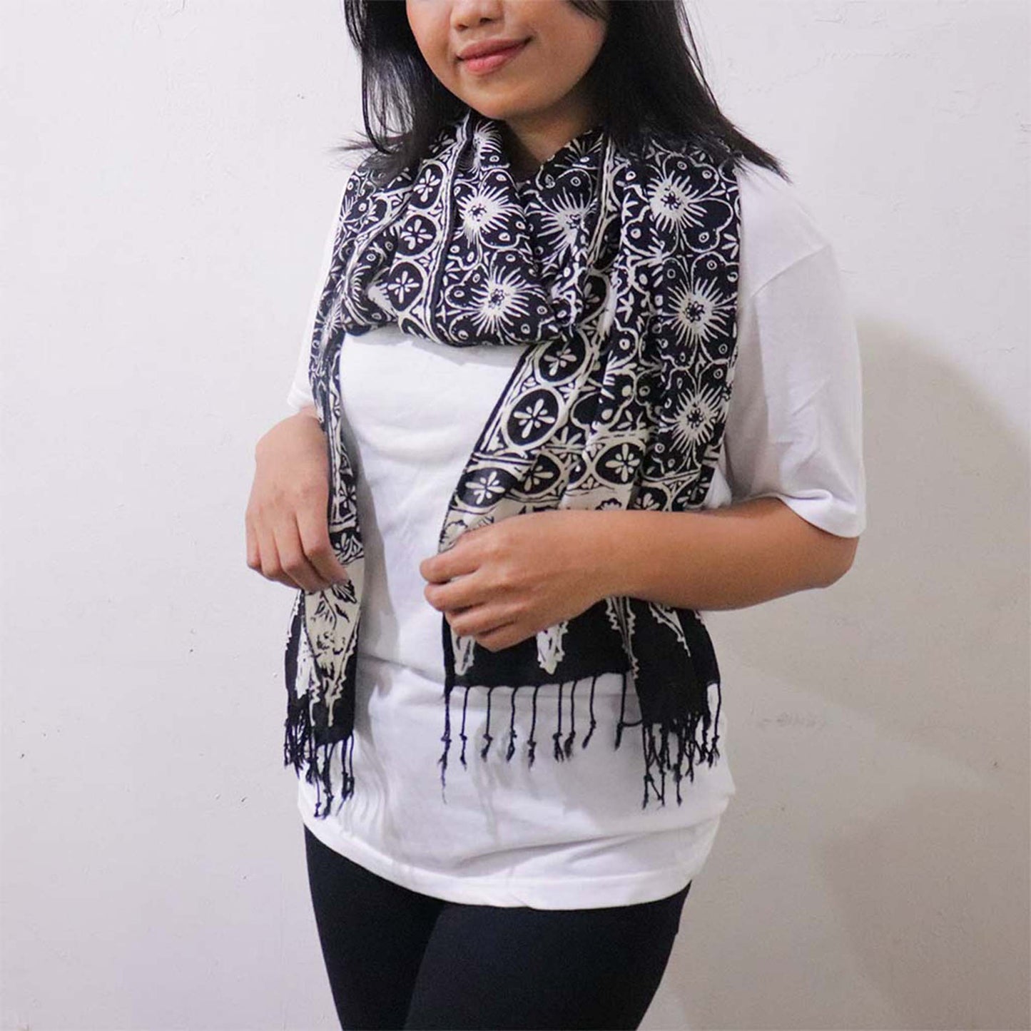 Handmade Batik Scarf - Cotton - Hibiscus Flower, Black, White