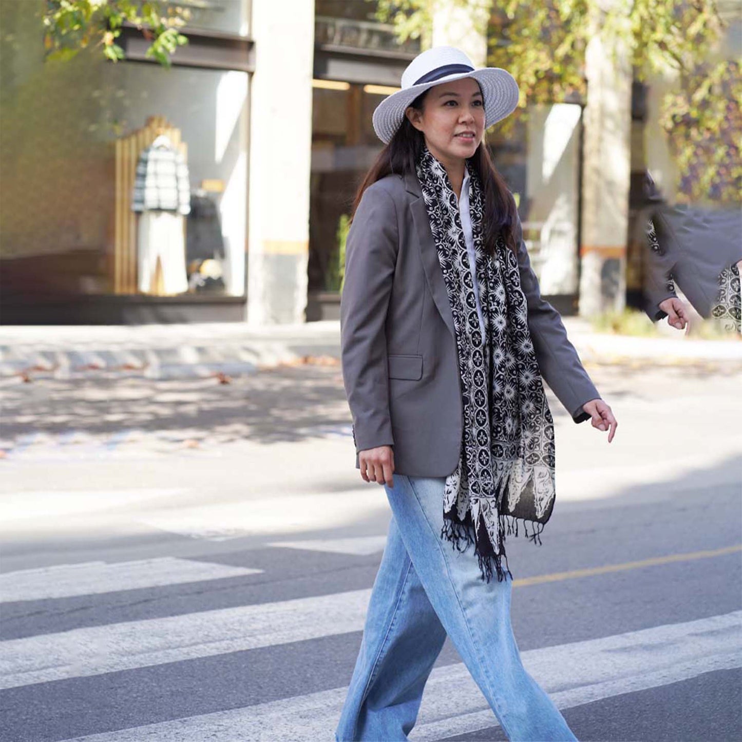 Handmade Batik Scarf - Cotton - Hibiscus Flower, Black, White